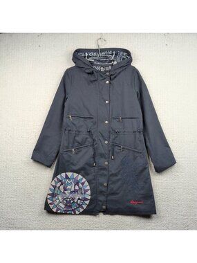 Desigual Mandala Floral Parka Coat Long Rain Jacket Dark Blue Wom Sz 40 Boho Art